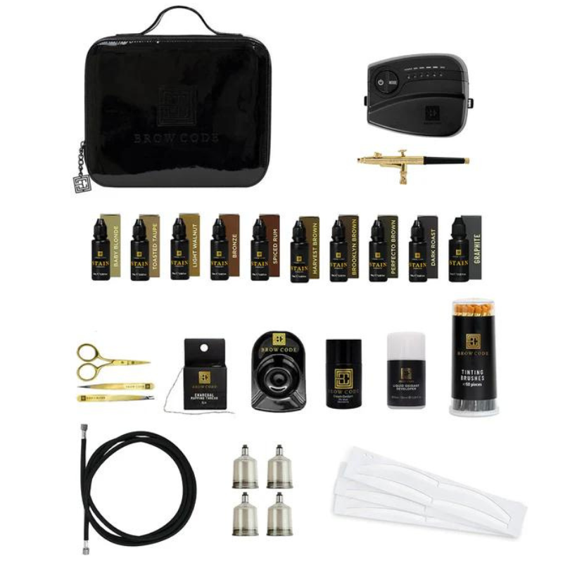 BROW CODE - Professional Stain Hybrid Kit with Airbrush machine, Eyebrow stencils & liquid developer