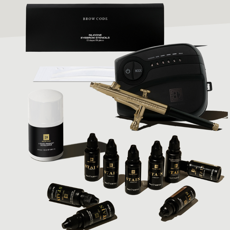 BROW CODE - Professional Stain Hybrid Kit with Airbrush machine, Eyebrow stencils & liquid developer