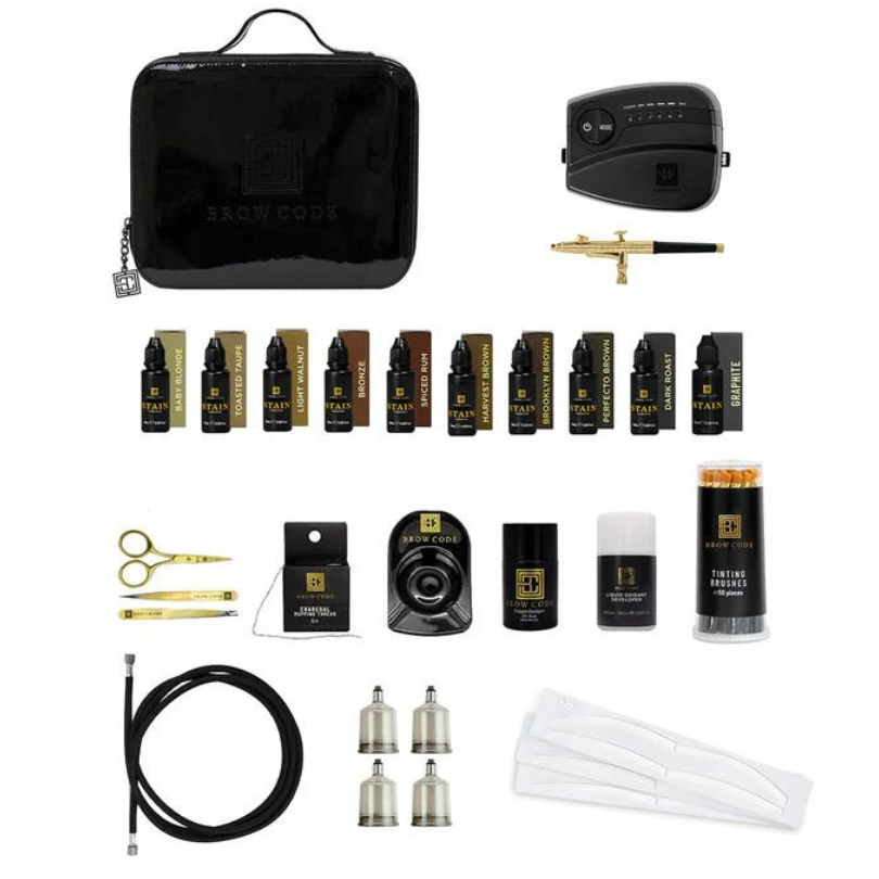 BROW CODE - Professional Stain Hybrid Kit with Airbrush machine, Eyebrow stencils &amp; liquid developer