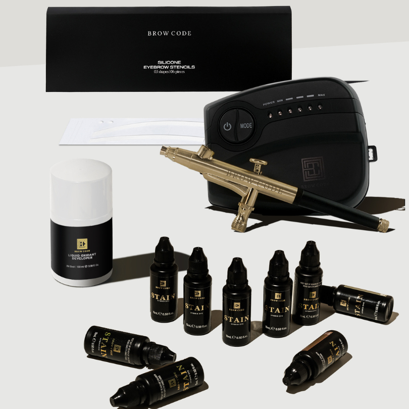 BROW CODE - Professional Stain Hybrid Kit with Airbrush machine, Eyebrow stencils &amp; liquid developer