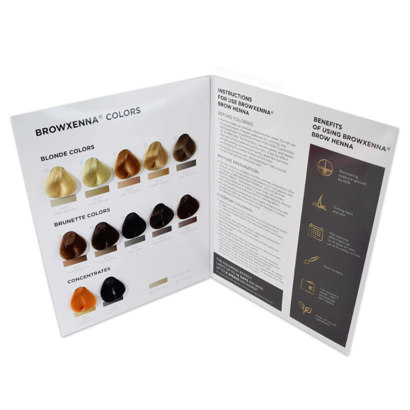 The BrowXenna Colour Chart is used as a reference guide for choosing the right henna tint and dye for your clients. We also stock Cosmetic Tattoo, SPMU &amp; PMU supplies. 