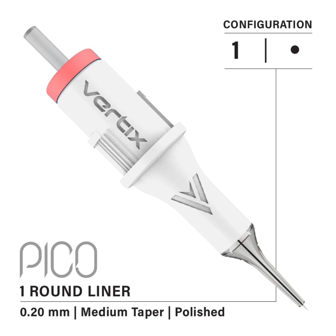 Vertix Pico Cartridges 1 Round Liner (20pcs) - 20mm, Medium Taper (For Practice Skin Use)